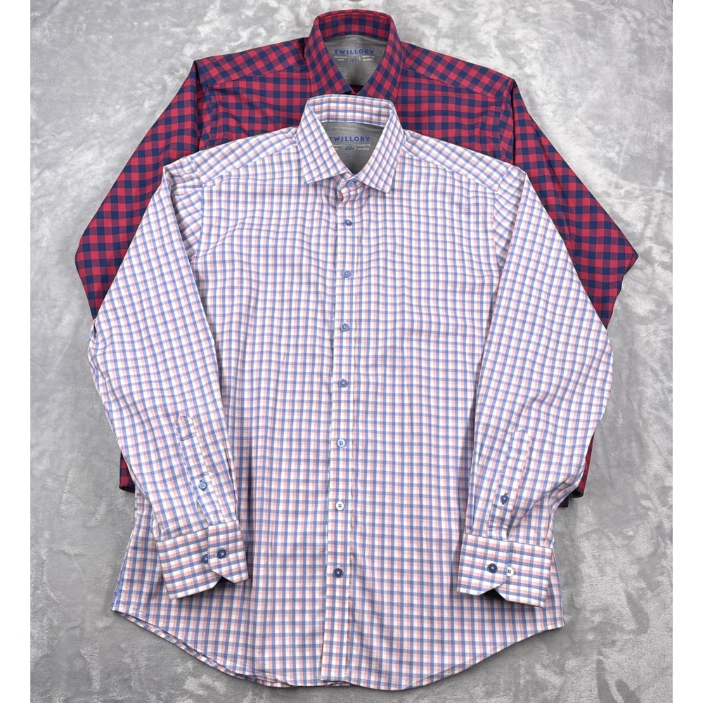 TWILLORY Performance Button Down Shirt Mens 17 34-35 Plaid Gingham Lot of 2